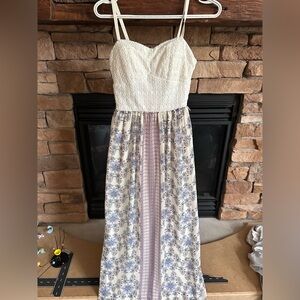 Elegant Cream and Blue Floral Maxi Dress